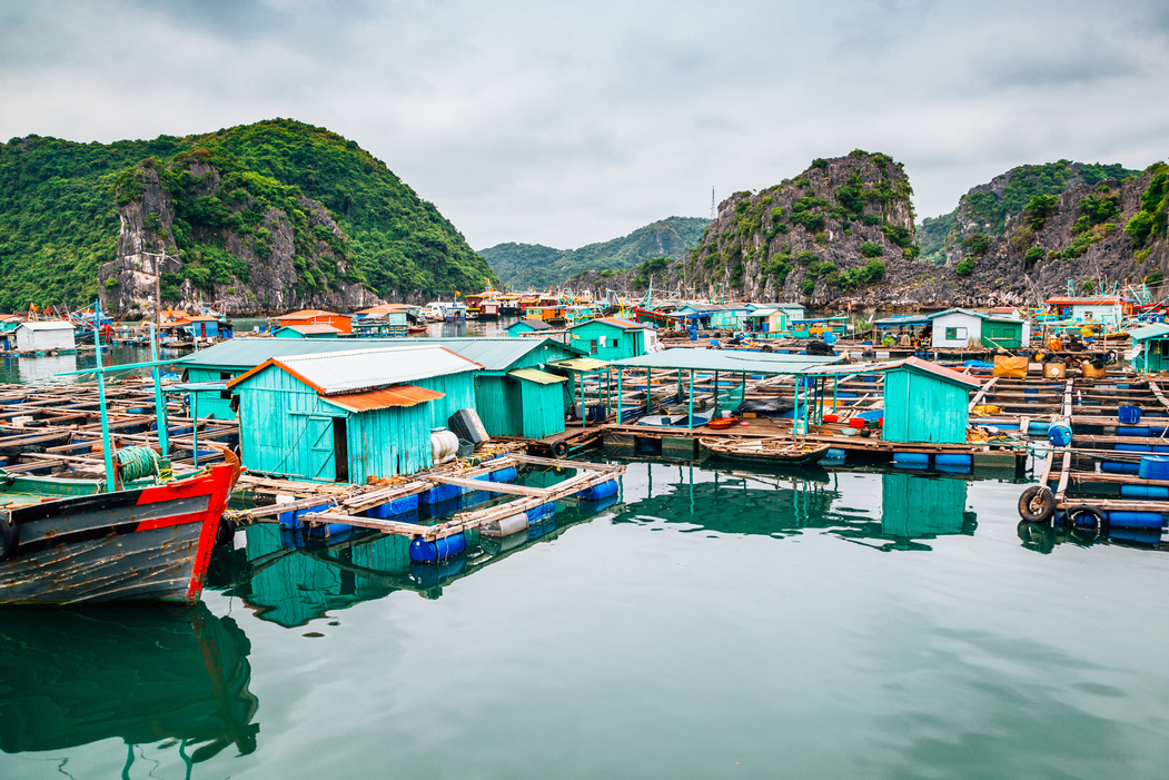 Floating fishing village and rock island at Lan Ha Bay, Ha long Bay tour in Vietnam